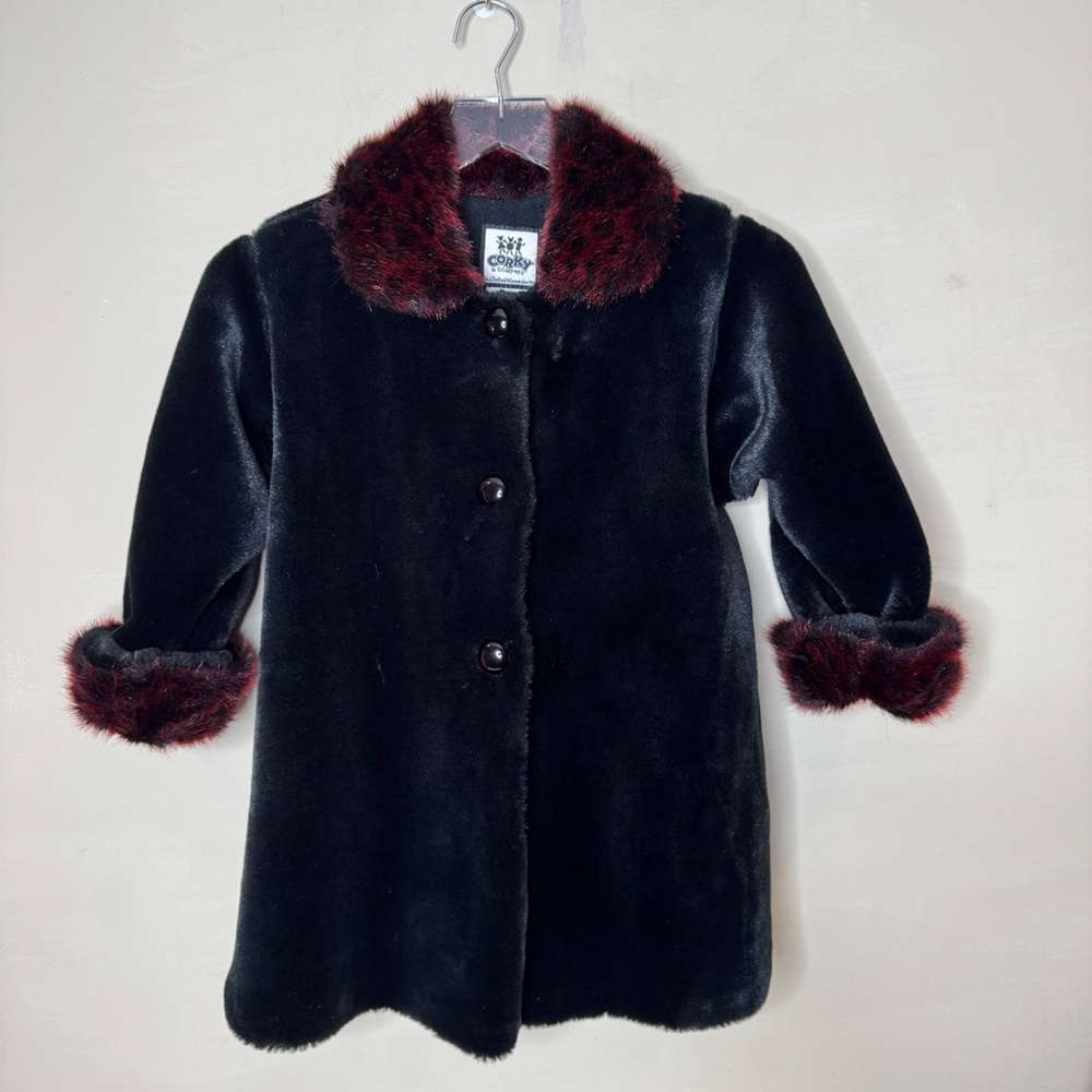 Corky & Company Faux Fur Black Coat with red fur collar Size 6X
